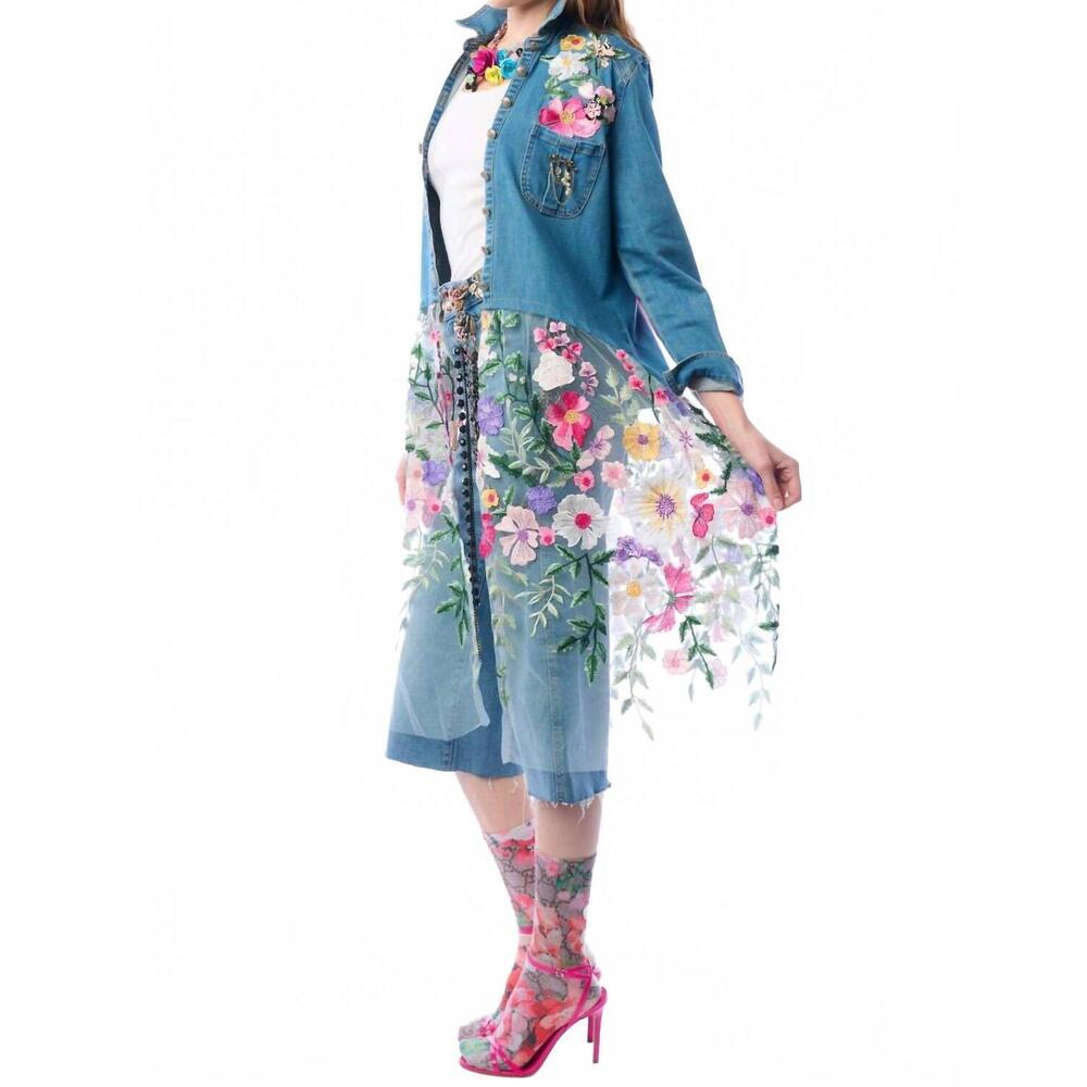 NEW ARATTA celine button down floral shirt dress in denim blue - Picture 6 of 10